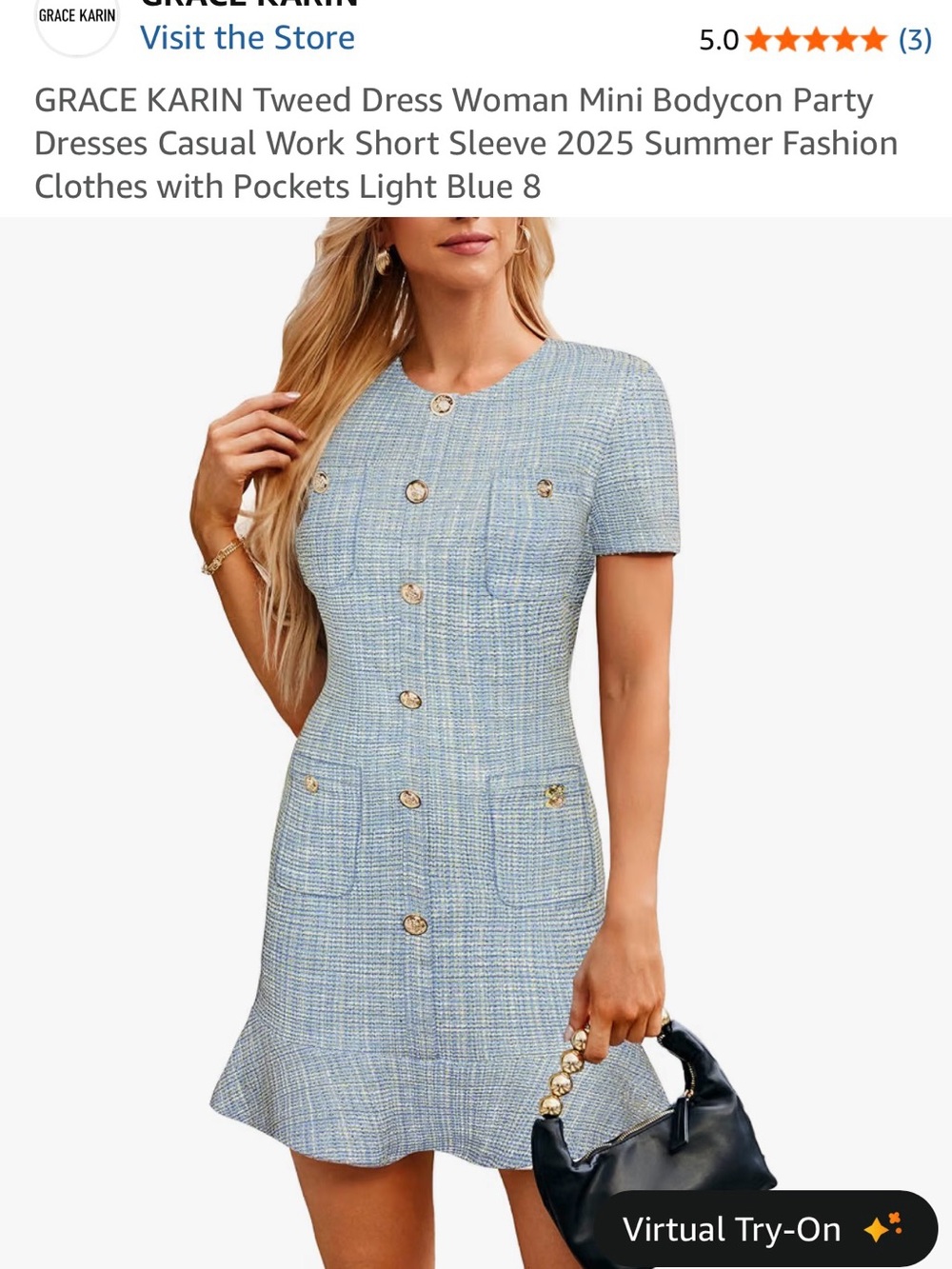 Grace Karin Light Blue Tweed Short Sleeve Button Front Mini Dress